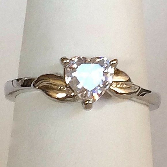 Silver Heart Cubic Zirconia Ring Size 8 9 Solitaire Promise Plated Engagement - Picture 2 of 8